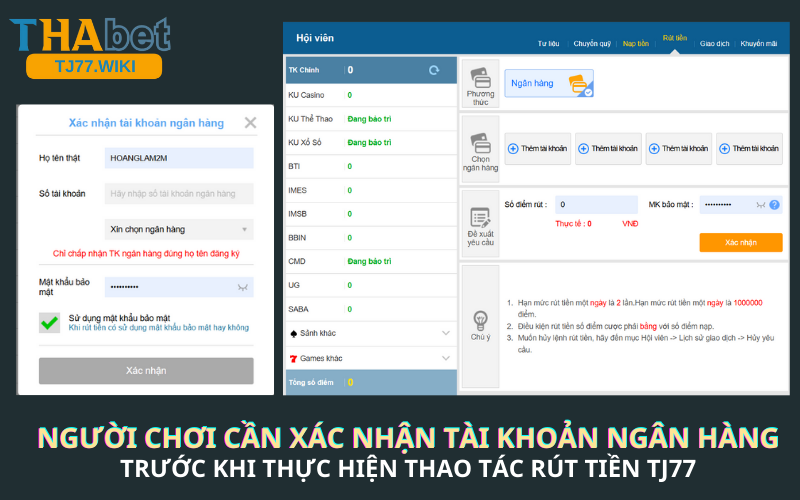 Đảm bảo thông tin tài khoản ngân hàng chính xác và khớp với tên đăng ký tài khoản Tj77 vì sai thông tin thì lệnh rút bị hủy