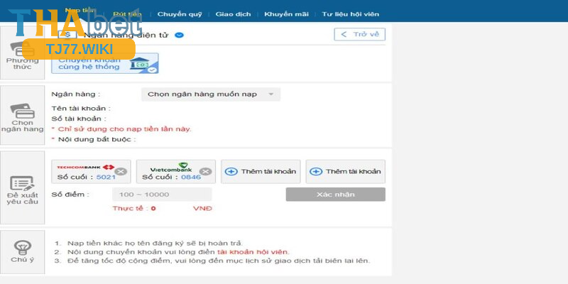 Lưu ý khi nạp tiền Tj77